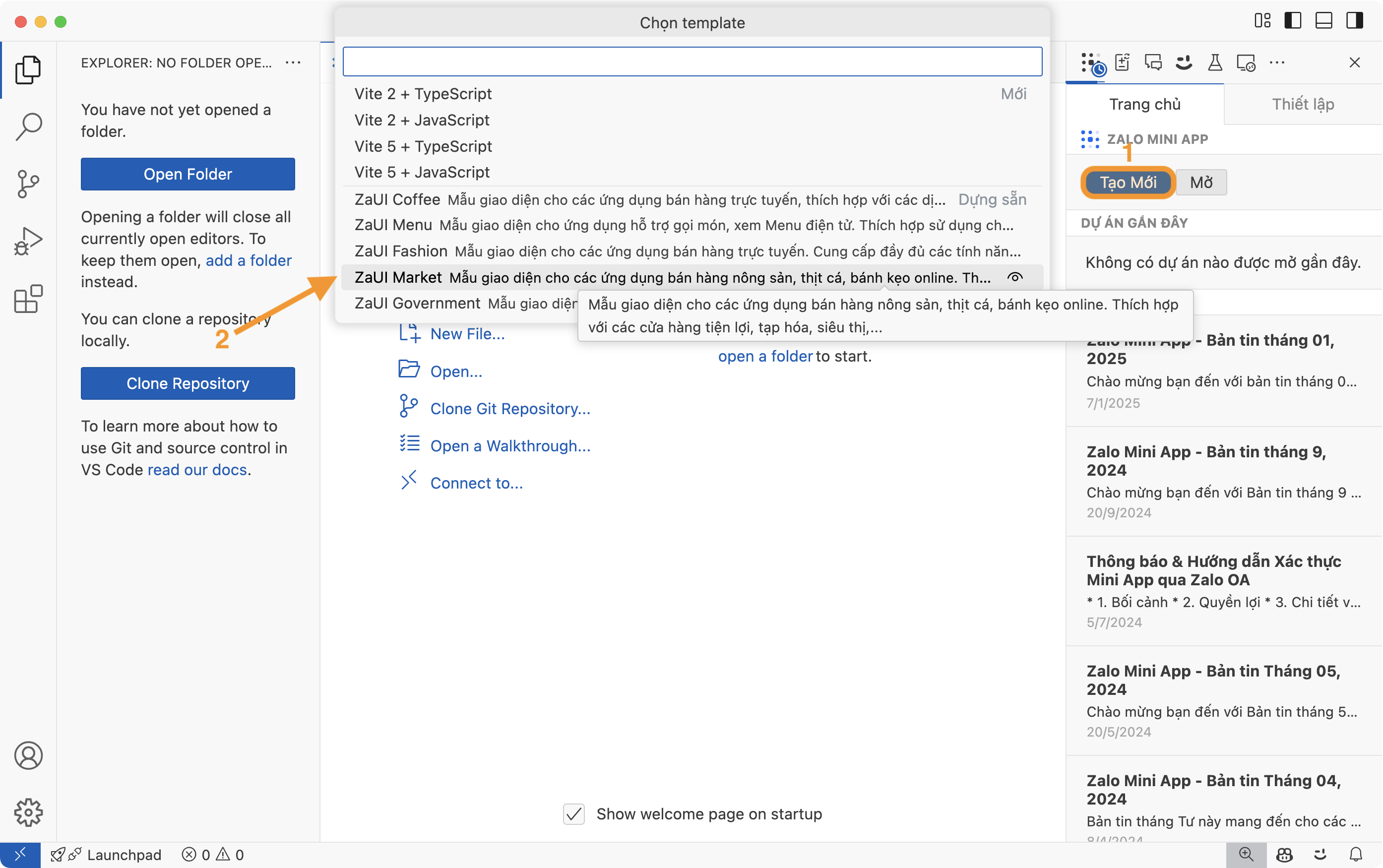 Tạo dự án mới bằng Zalo Mini App Extension