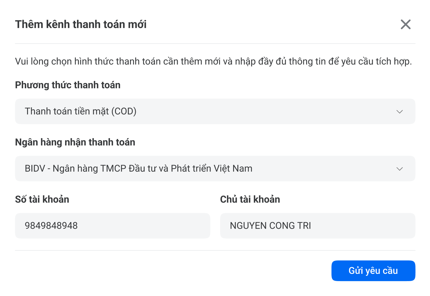 Trang quản lý tích hợp thanh toán